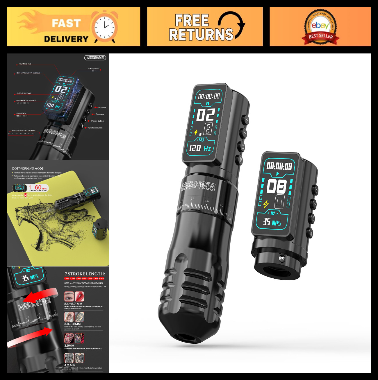 2PCS 2300mAh Tattoo Batteries & 7 Stroke Adjustable Wireless Tattoo Gun, Lightwe