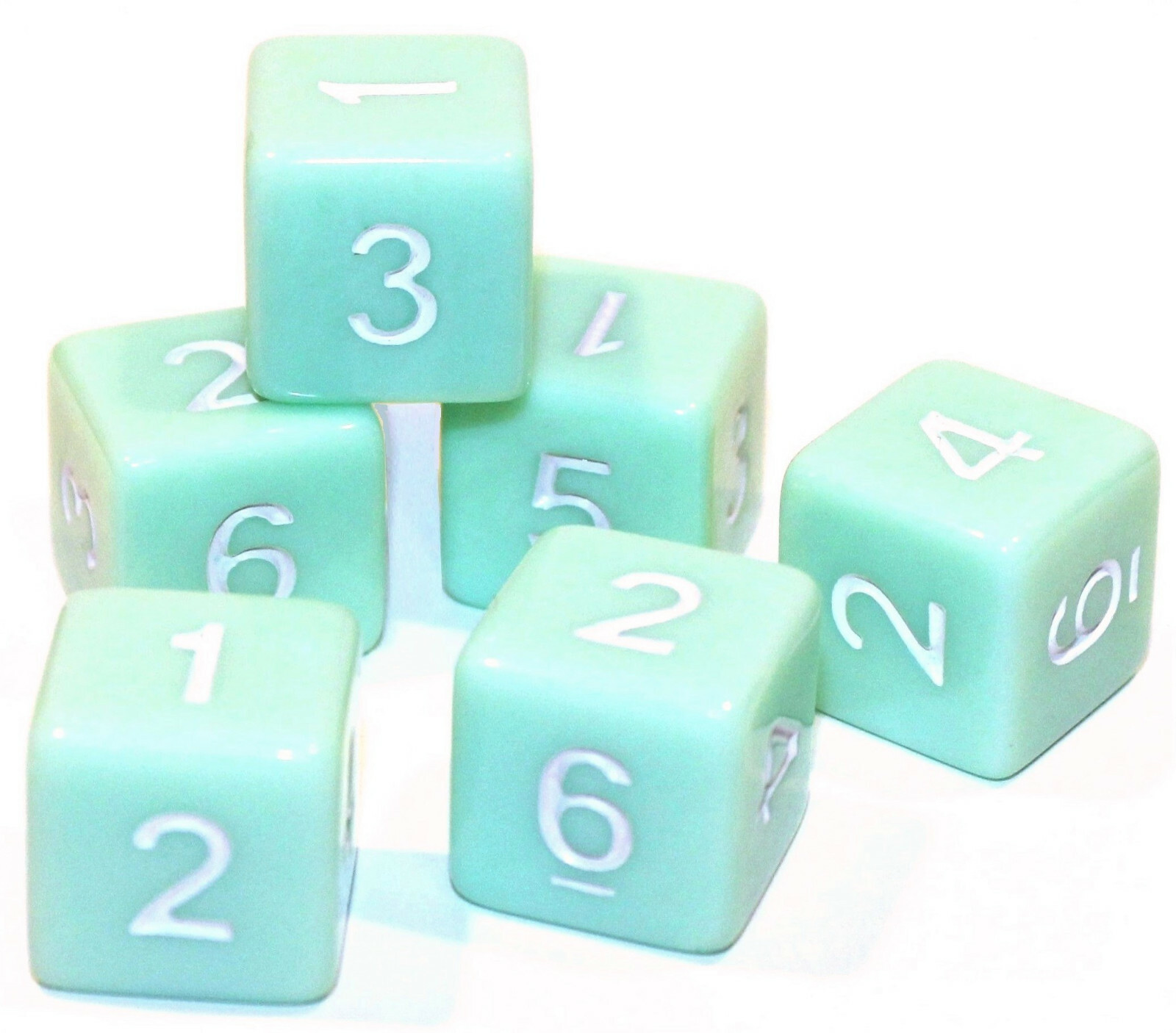 New Set of 6 Numbered D6 Six Sided Standard 16mm Game Dice - Opaque Pastel Green