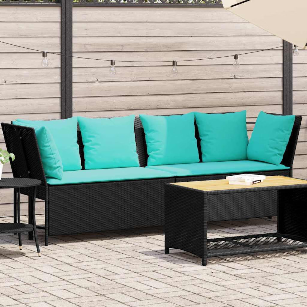 Patio Sofa with Cushions Black Poly Rattan