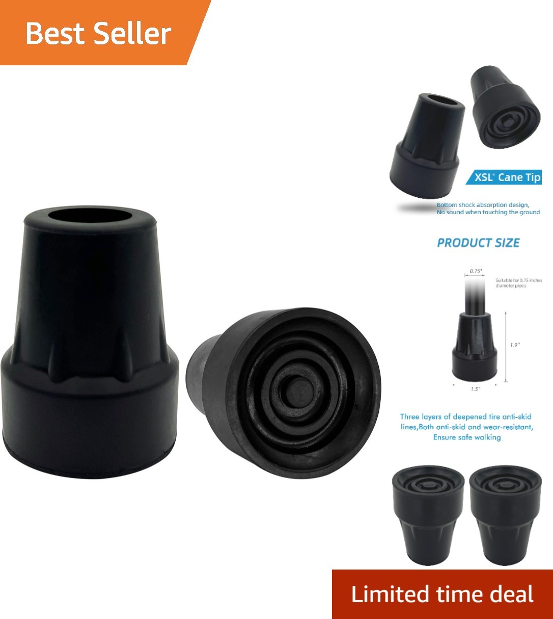 Replacement Cane Tips, 3/4 Inch, Black.