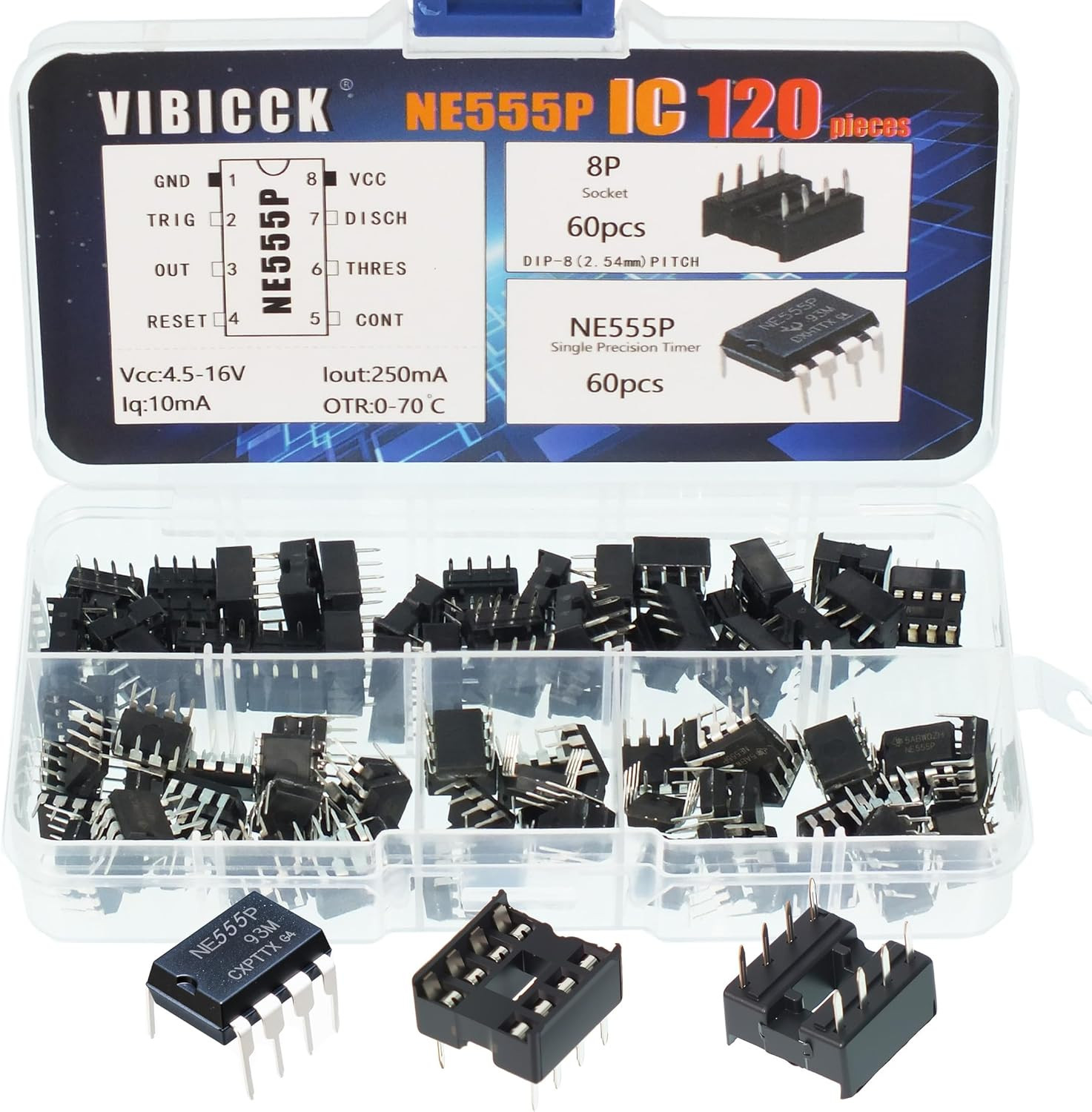 60Pcs NE555P Single Precision Timers NE555 IC Pulse Generators Single and Double