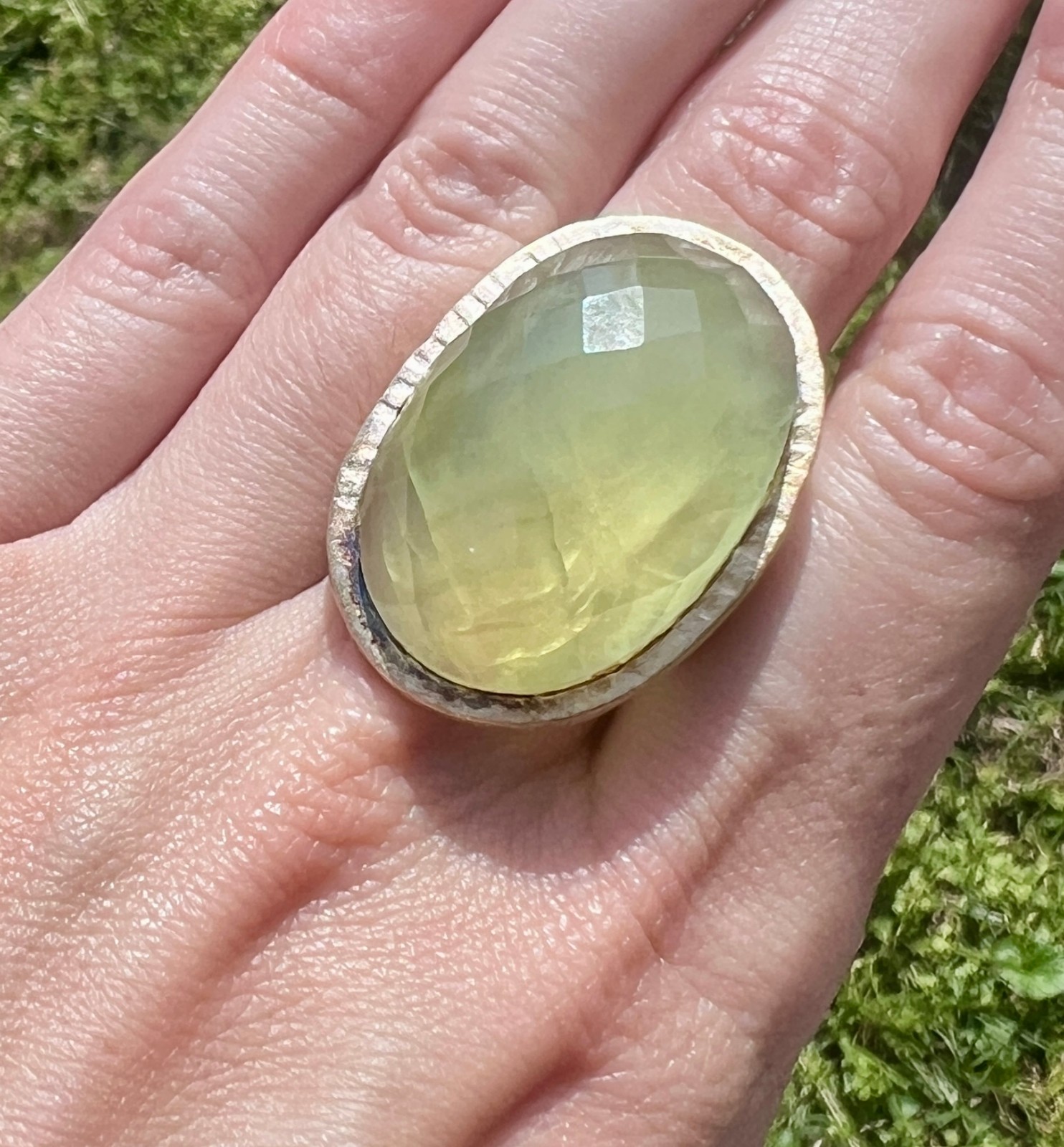 Large 14k GP 925 Sterling Silver Faceted Prehnite Cocktail Ring Artisan Designed