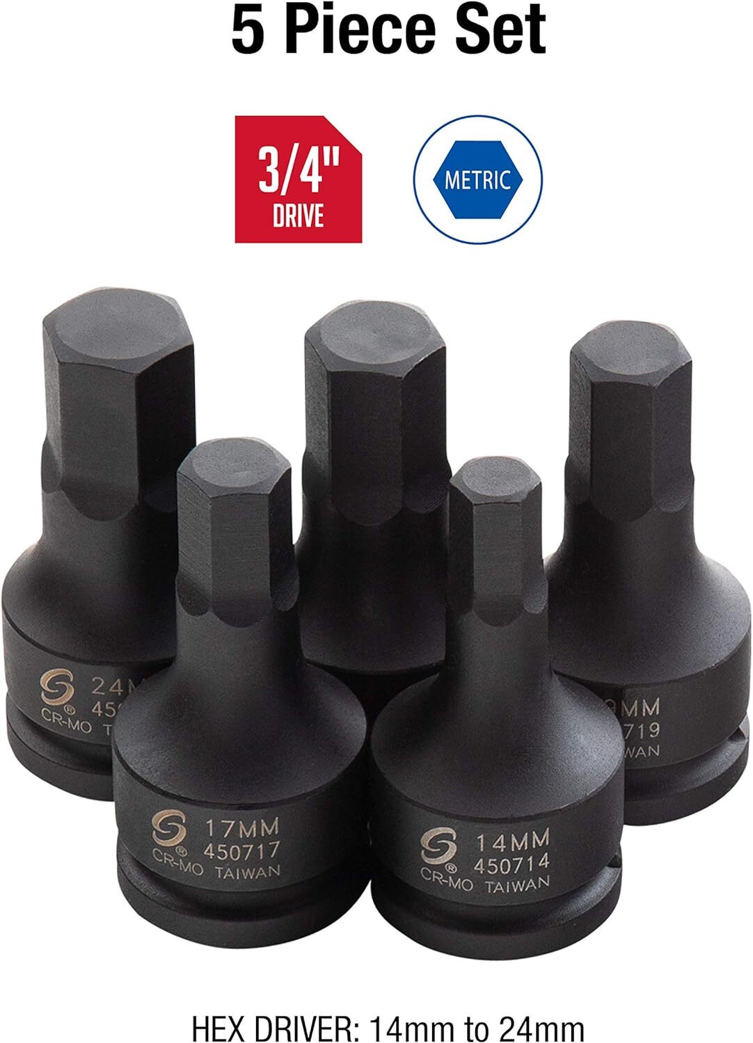 SUNEX TOOLS 4507, 3/4 Inch Drive Impact Hex Driver Set, Metric
