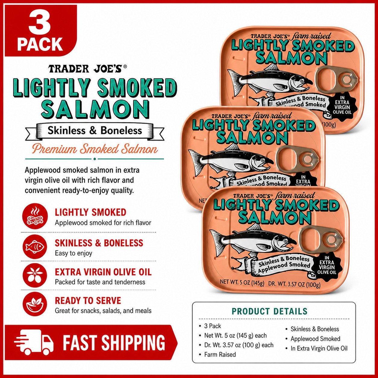 3-Pack Trader Joe’s Light smoked Salmon Skinless Boneless in Olive Oil 5 oz Each