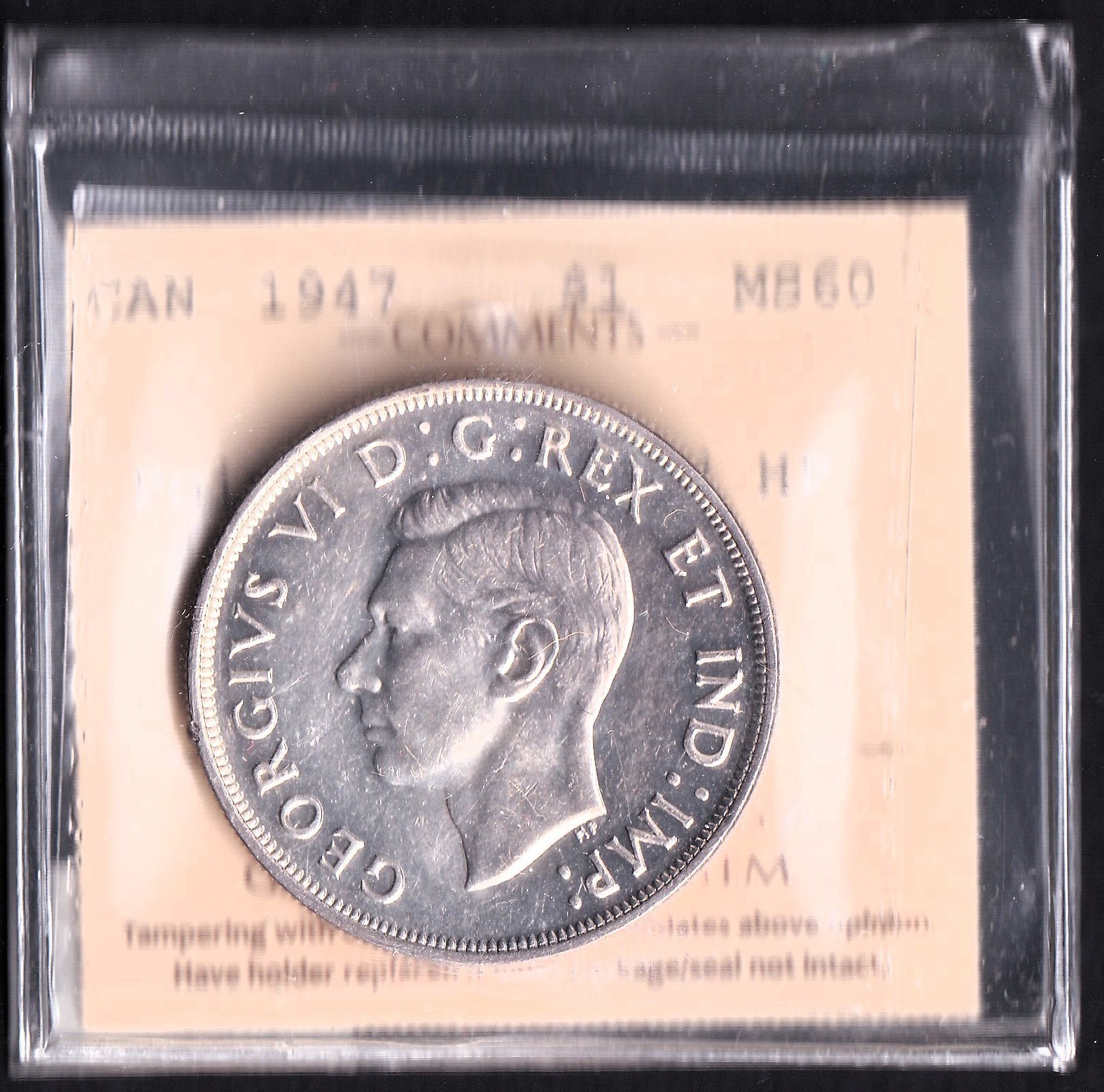 Canada 1947 $1 One Dollar Silver Dollar Coin - Pointed 7; Quad HP ICCS MS-60