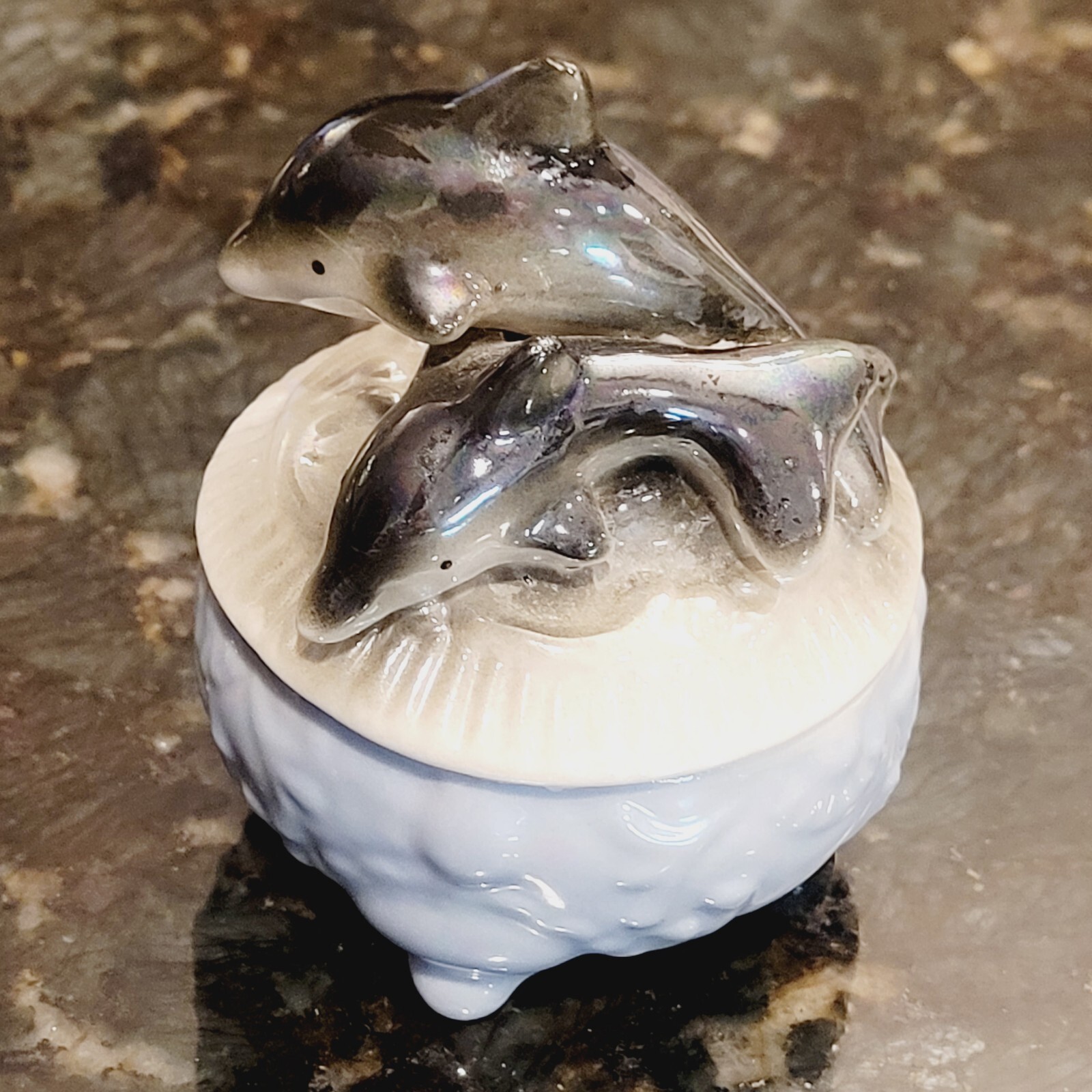 Ceramic Whimiscal Double Dolphins Lidded Trinket Box