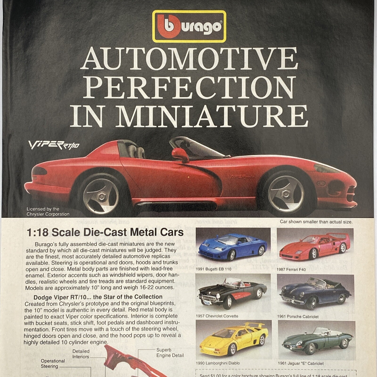 1993 Burago PRINT AD Red Dodge Viper Scale Die Cast Metal Cars Ferrari Lambo