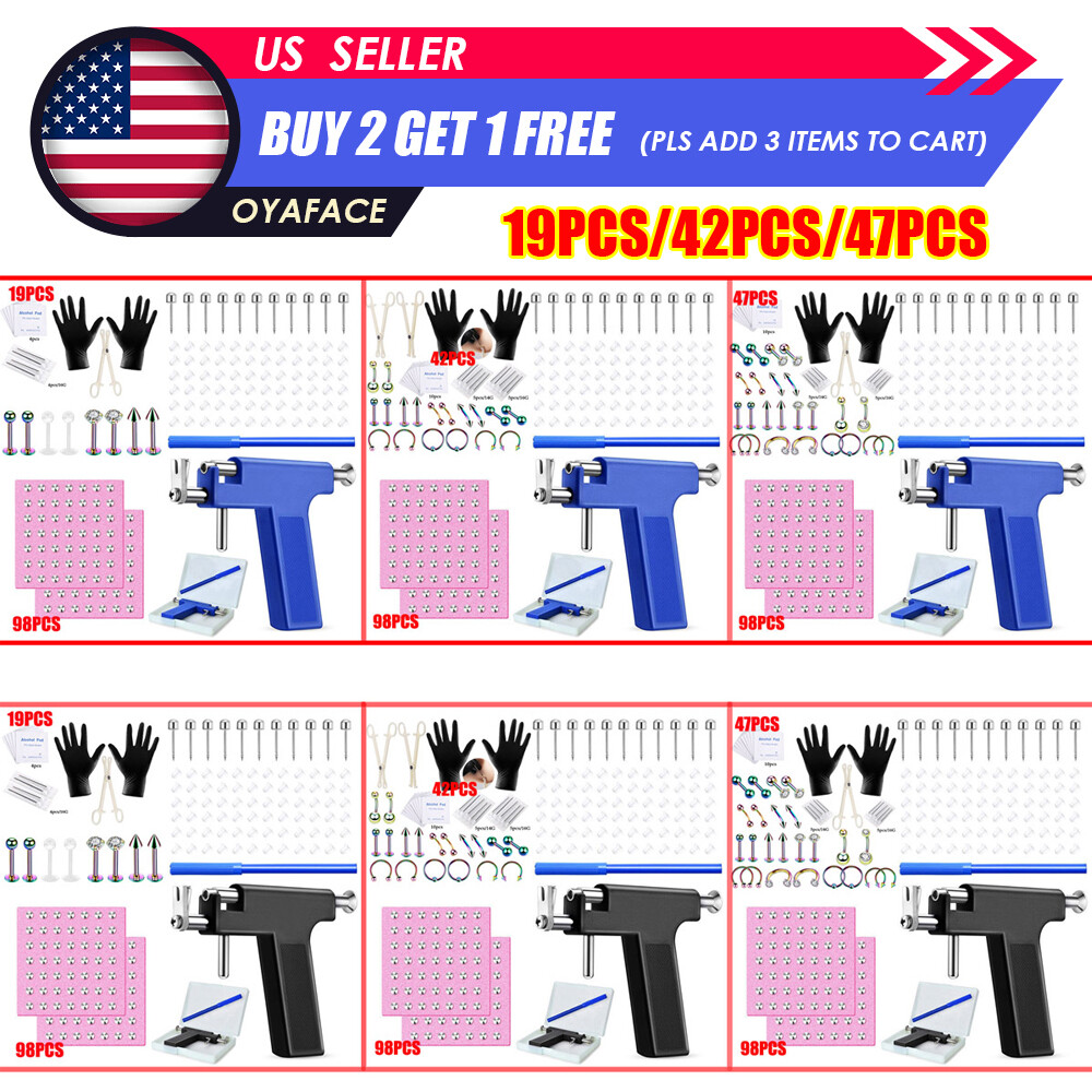 19-148PCS Body Piercing Gun Kit Ear Nose Navel Rings Studs Needles DIY Tool Set