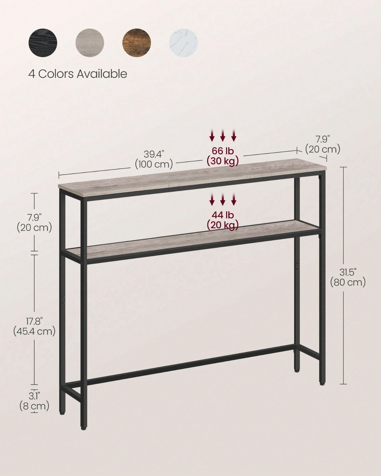 39in Narrow Console Table 2 Tier Sofa Entryway Table Steel Frame Storage Shelf