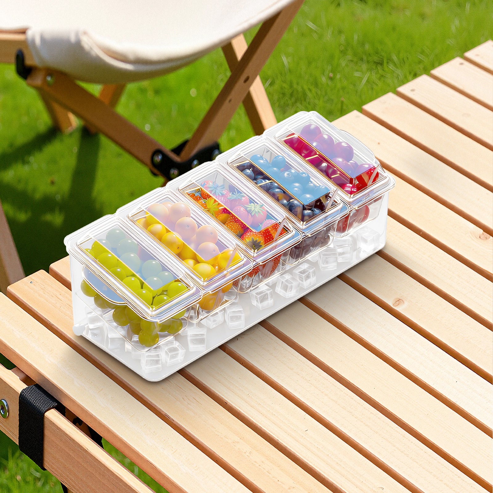 Compartmentalized Salad Storage Container, Ice Chilled Condiment Containers