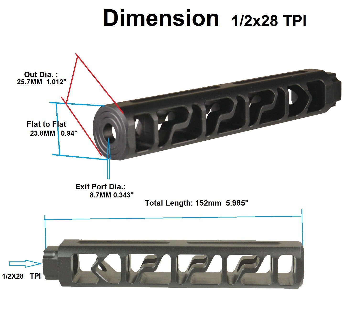 Silver 6" Solid PC Low Concussion 1/2x28 TPI Muzzle Brake Adapter Washer Include