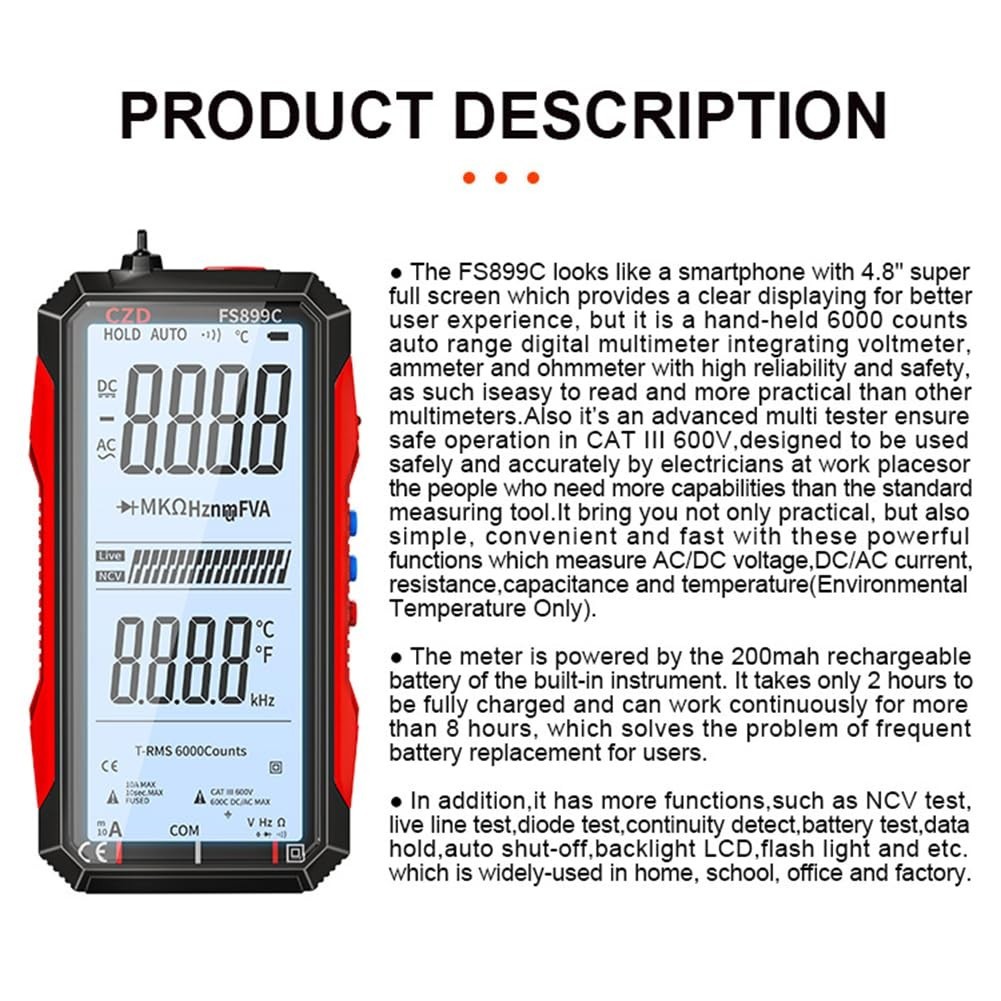 Digital Multimeter with Large Display and USB-C Rechargeable Power for Accuracy