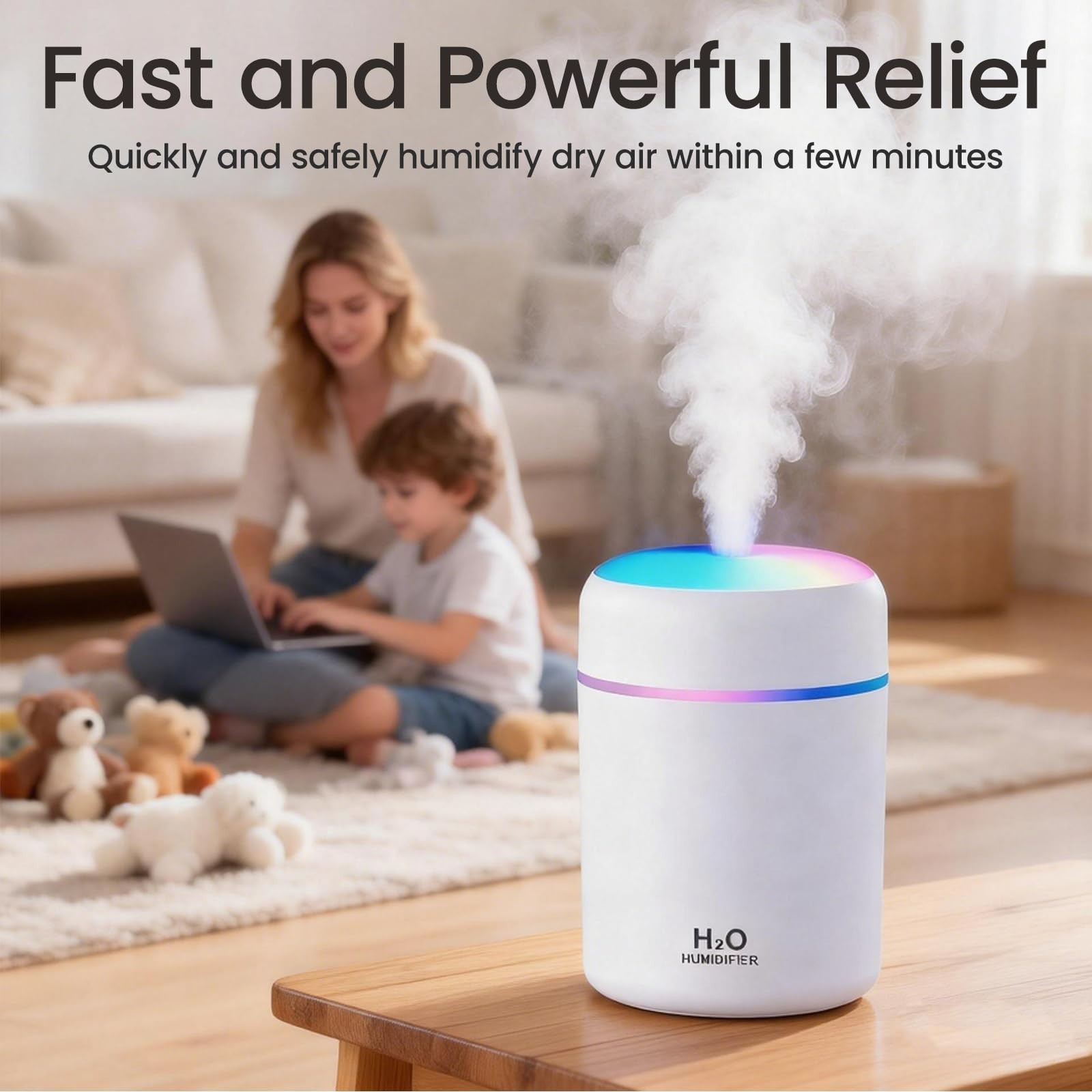 Portable Mini Humidifier, white, Cool Mist, USB Powered. Perfect for Bedroom,