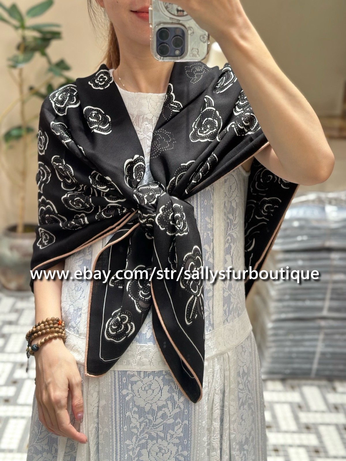 Sallys 70% Cashmere & 30% Silk Wrap Scarf Camellia Print Double Face Shawl 53"