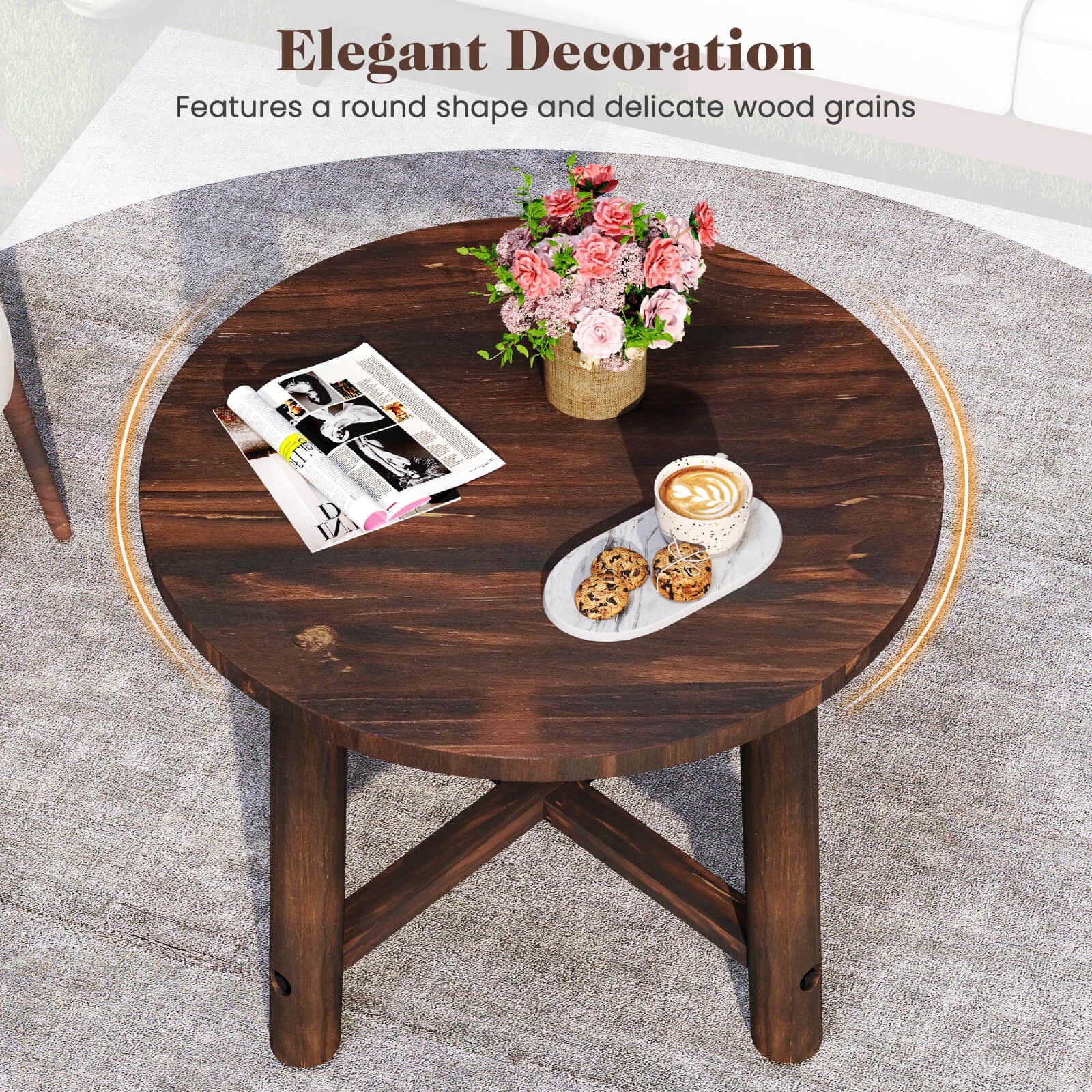 Outdoor Side Table w/ Solid Wood Structure Small Round Coffee Table for Garden