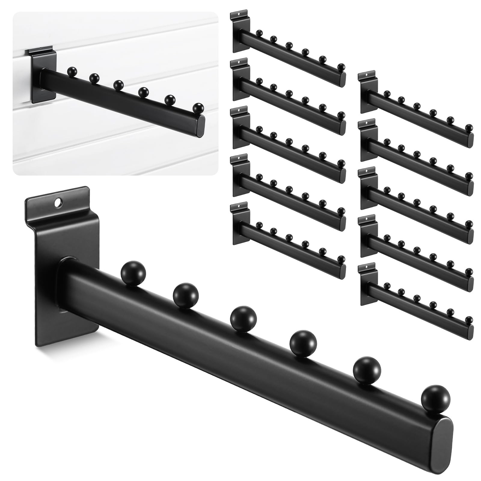 10 Pack 12 Inch Oval 6 Ball Waterfall Slatwall Hooks Retail Display Black