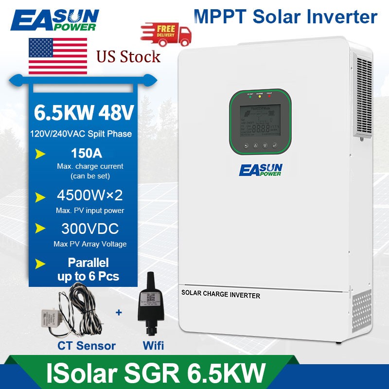 6500W Hybrid Solar Inverter On Grid 48V 150A 120V/240V MPPT Parallel CT  Wifi US