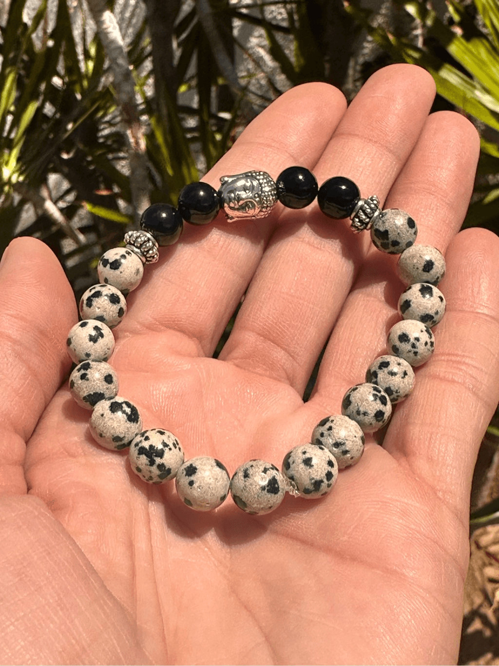 Dalmatian Stone Black Onyx Buddha .925 Sterling Silver Made on Maui Bracelet