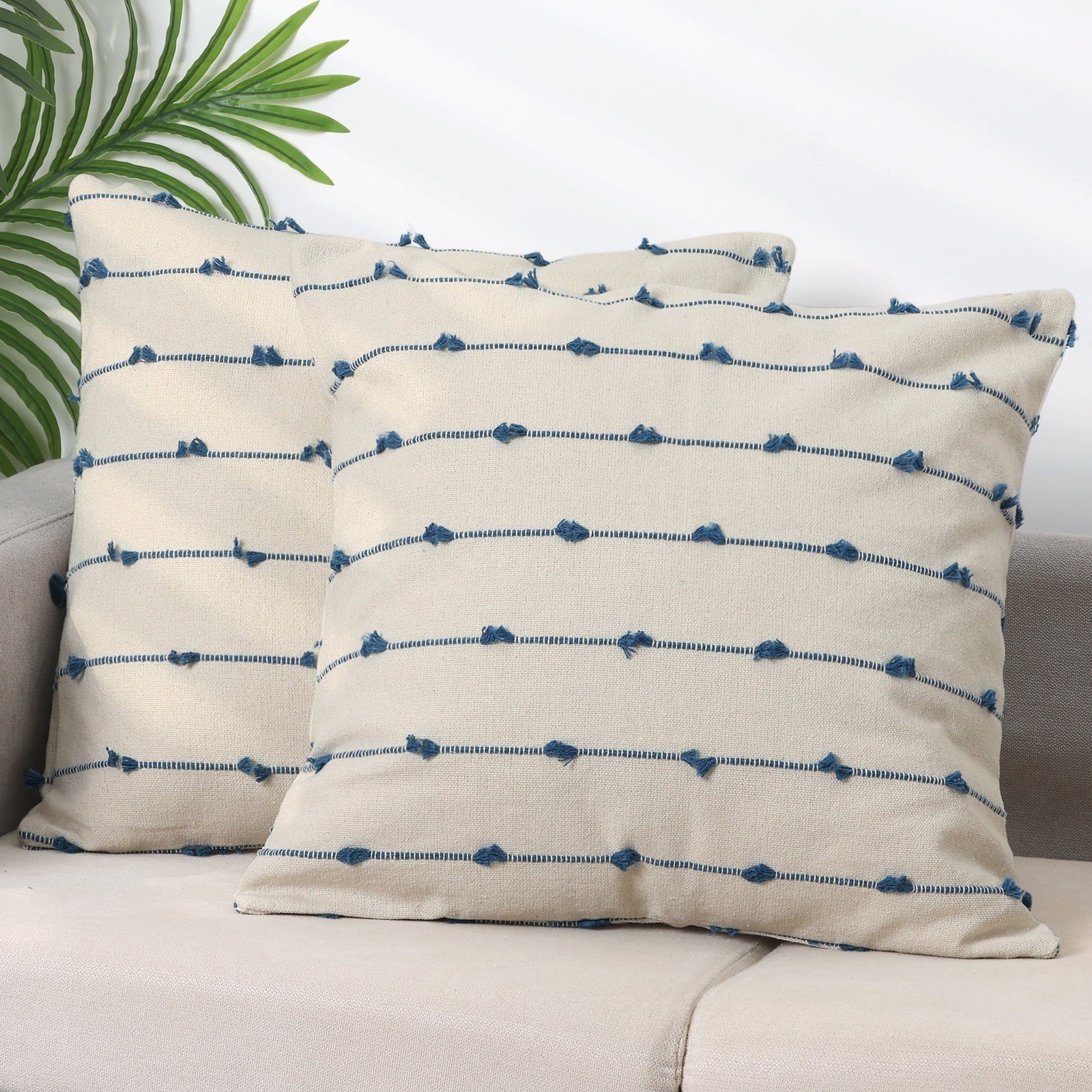 2 Pack Striped Boho Decorative Cushion Pillow Covers Modern Square Neutral Blue