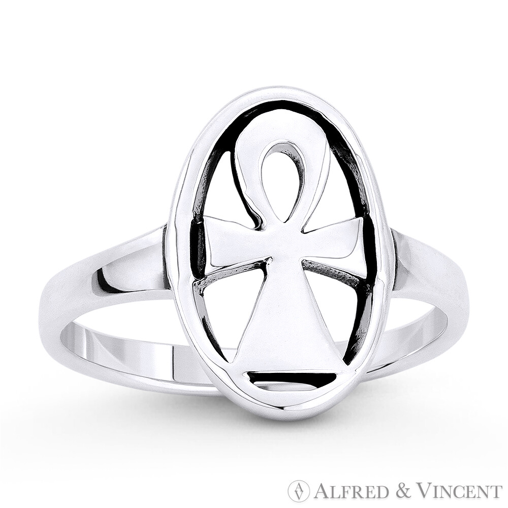 Egyptian Ankh Cross Key-of-Life Crux Ansata Ring in Oxidized 925 Sterling Silver