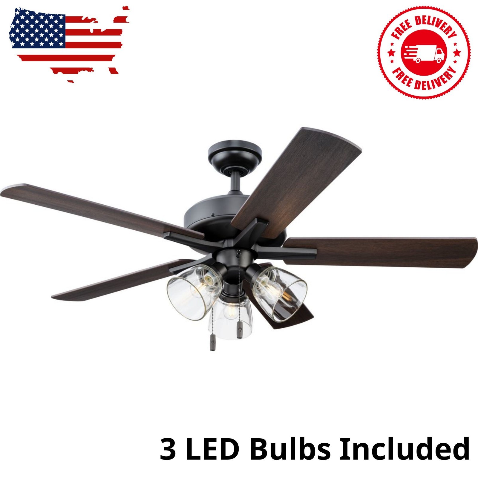 52" Bronze Transitional Ceiling Fan, 5 Reversible Blades, 3 LED Bulbs Included