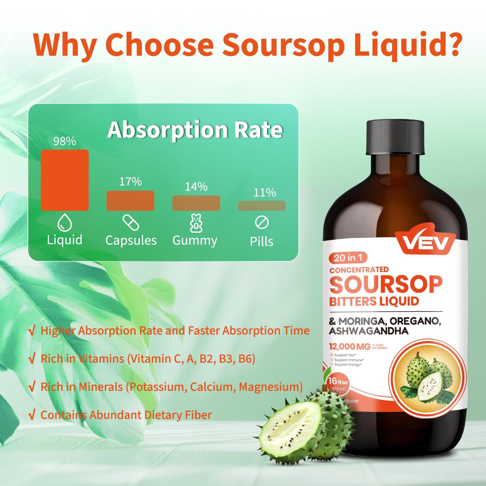 Soursop Bitters Liquid, Graviola Extract, 16 Fl Oz, 20 in 1, with Moringa, Or...