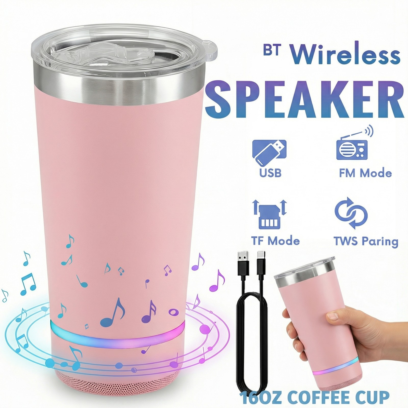 Portable Bluetooth LED Speaker FM Radio USB TF TWS with16oz Steel Insulated Mug