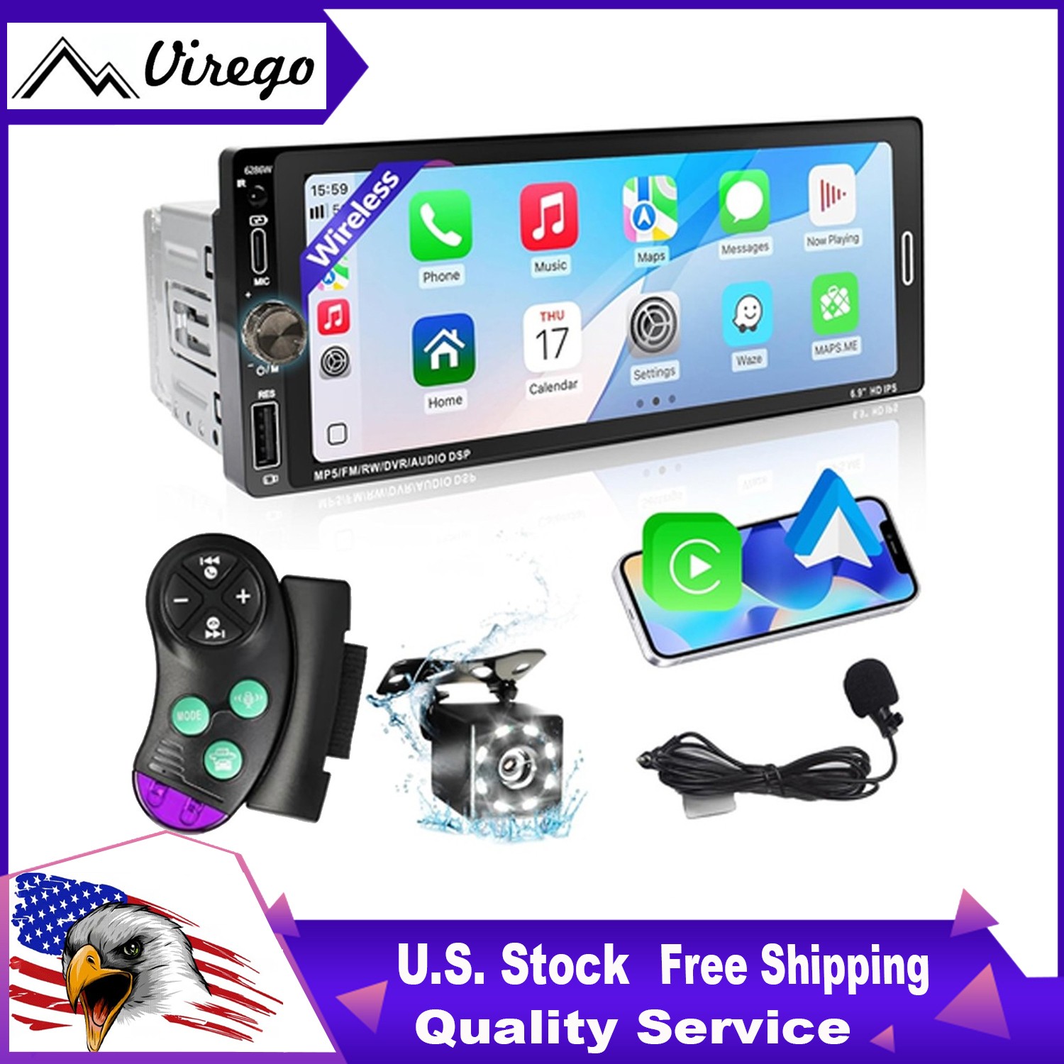 IPS Touch Single Din Touchscreen Car Stereo Radio Wireless Apple Carplay Android