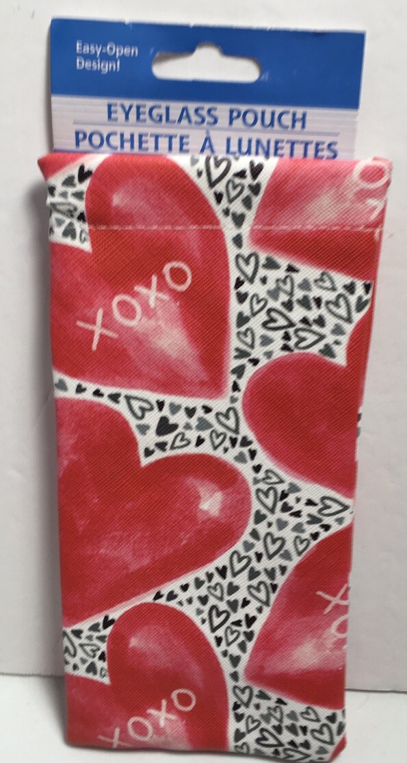 HEARTS ❤️ XOXO DESIGN SQUEEZE TOP VINYL EYEGLASS POUCH CASE Red Black White NWT