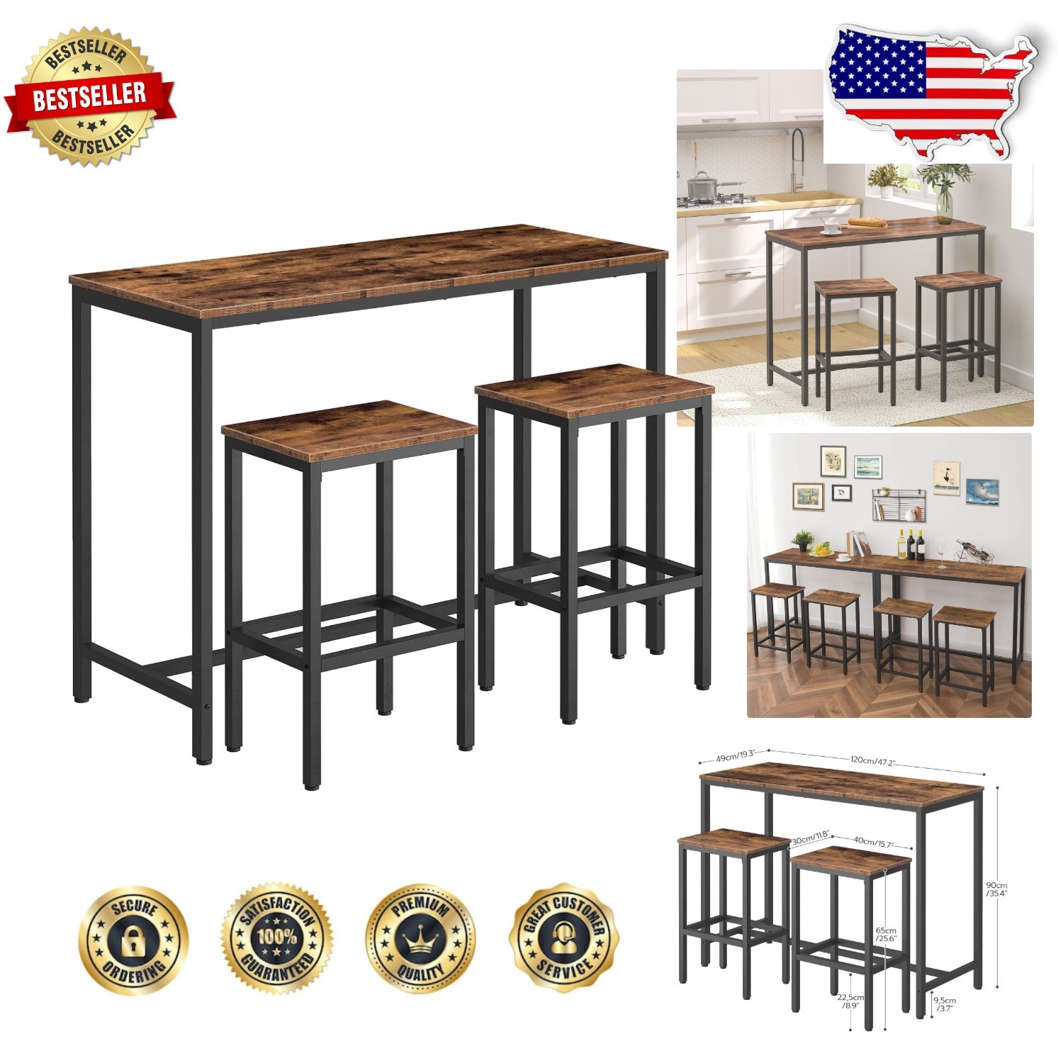 Rustic Brown Bar Table Set 3-Piece Industrial Pub 47.2" Rectangular Stools