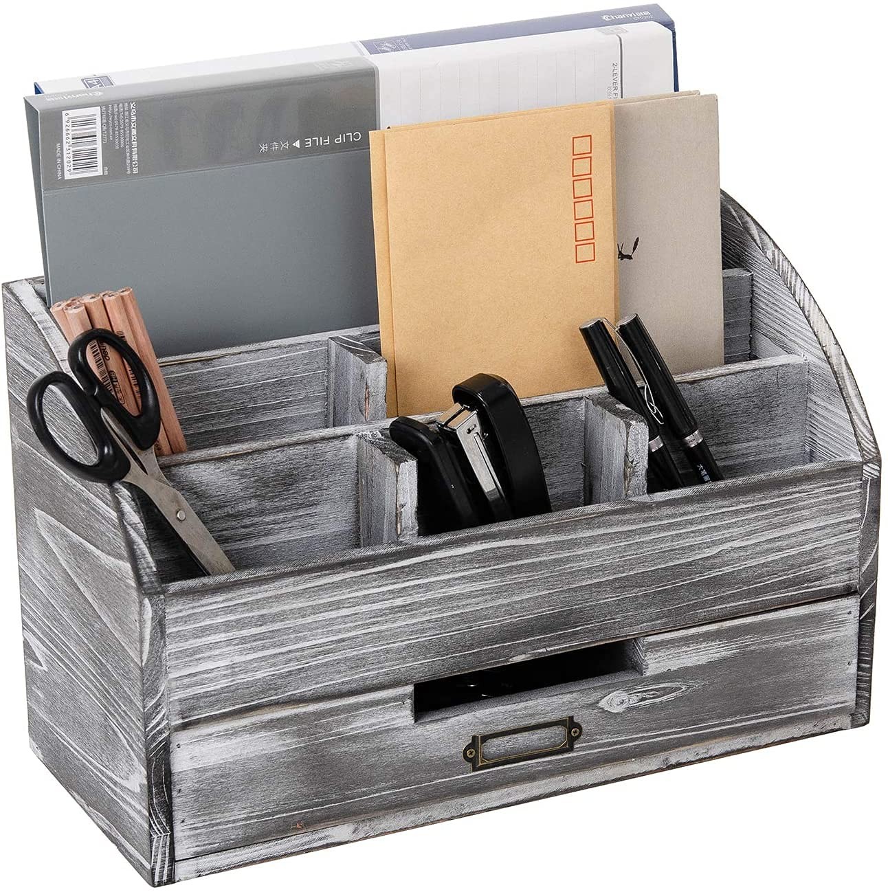Rustic Wooden Office Desk Organizer 5 Compartment with 2 Drawer &Counter Home...
