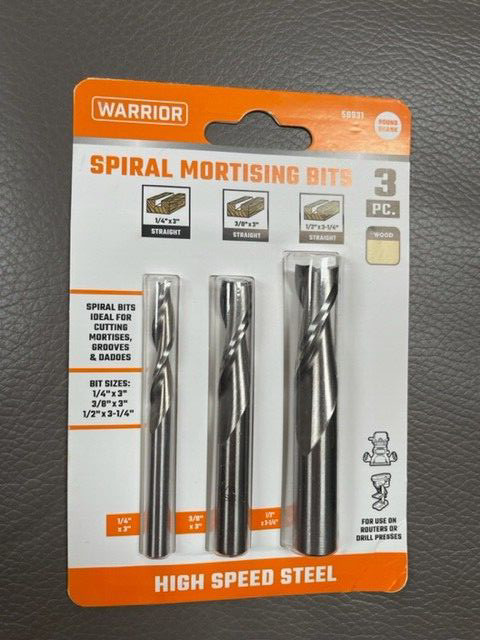 WARRIOR 58931 HIGH SPEED STEEL  SPIRAL MORTISING ROUTER BIT SET 3 PIECE SEALED