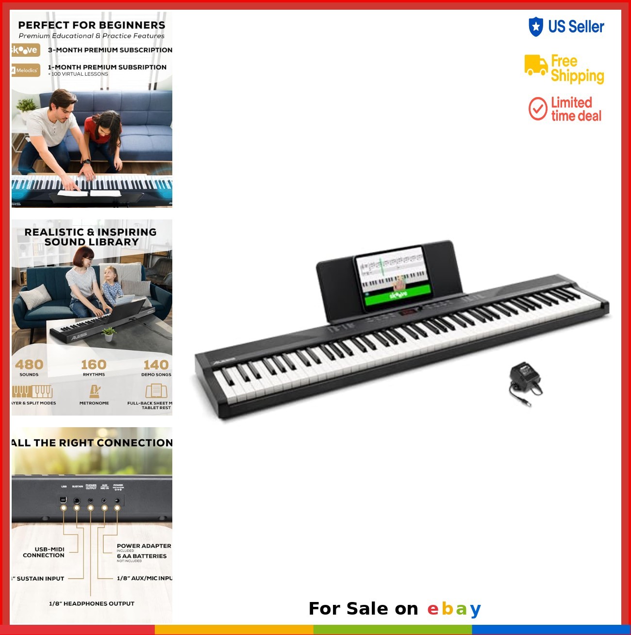 88 Key Keyboard 480 Sounds Built In Speakers USB MIDI Tablet Stand Power