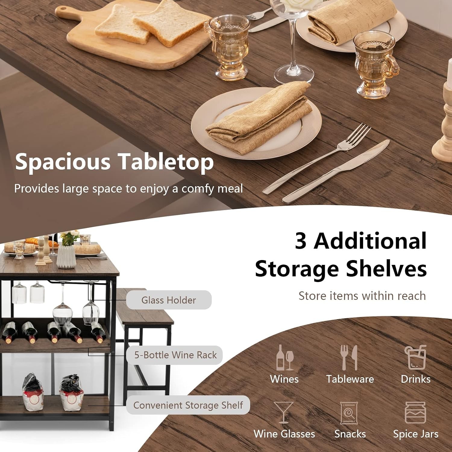 Dining Table Set for 4 3-Piece 55" L Kitchen Table Set w/ 2 Benches Breakfast