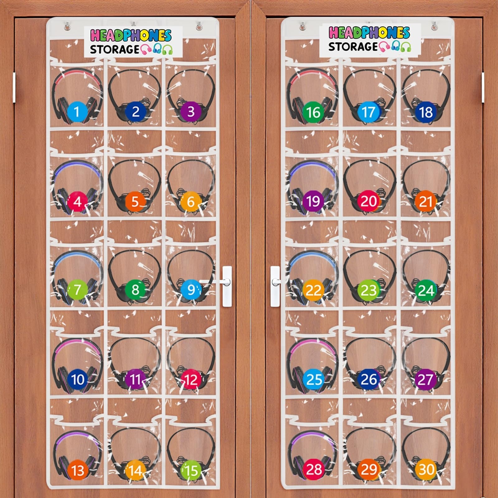 2 Pack Classroom Headphone Storage Organizer with 30 Pockets PVC Clear Classroom