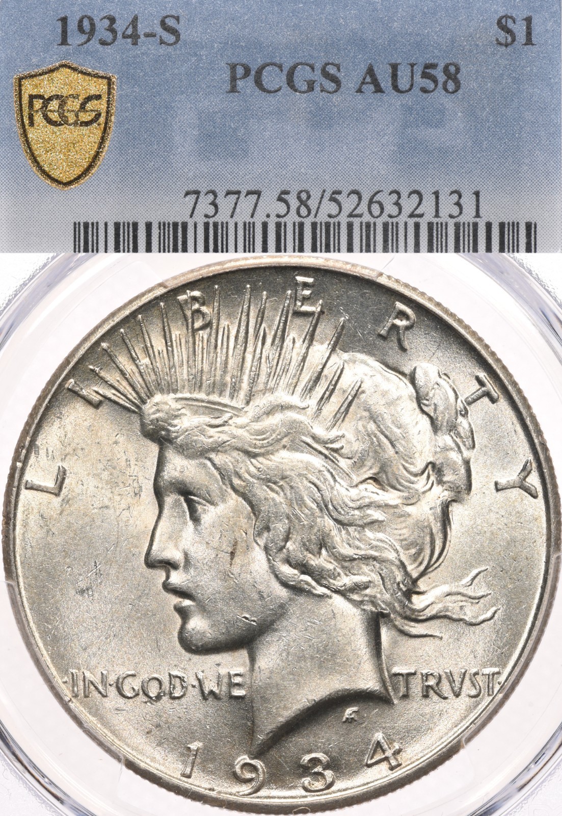 1934-S $1 PCGS AU58 Peace Silver Dollar San Francisco Key Date