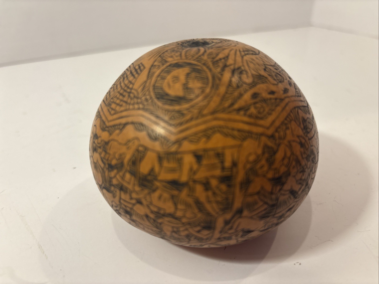 Vintage Peruvian Hand Carved Etched Gourd Folk Art Rattle