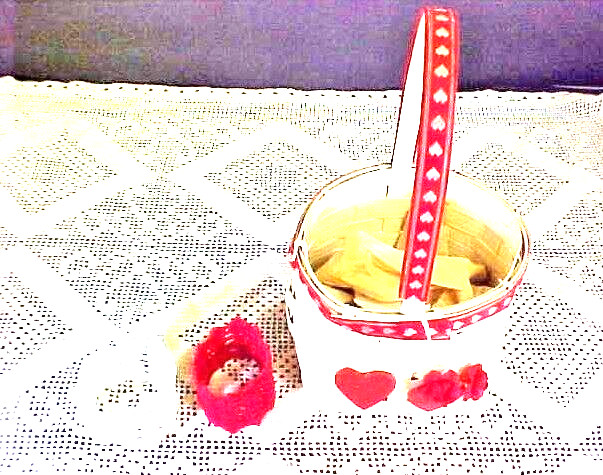 Lot of Two Hand Crocheted Napkin Rings and White Woven Basket with Ribbon Trim