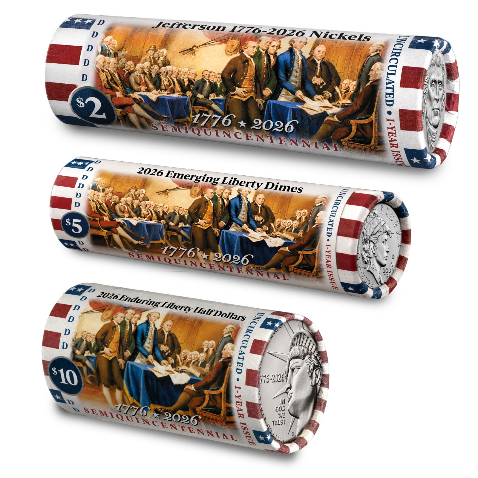 2026-D America 250 US Mint Liberty 3 Coin Roll Set Declaration Rolls BU 3 ROLLS