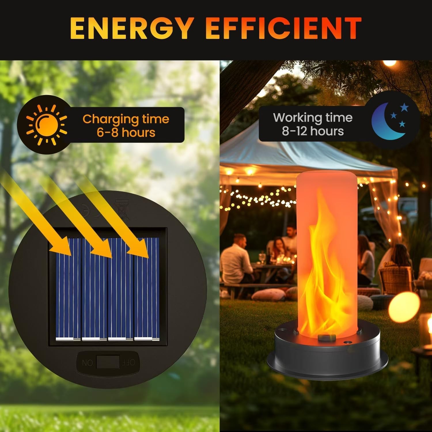 2 Pack Replacement Solar Light Tops with Flickering Flame,Waterproof Black