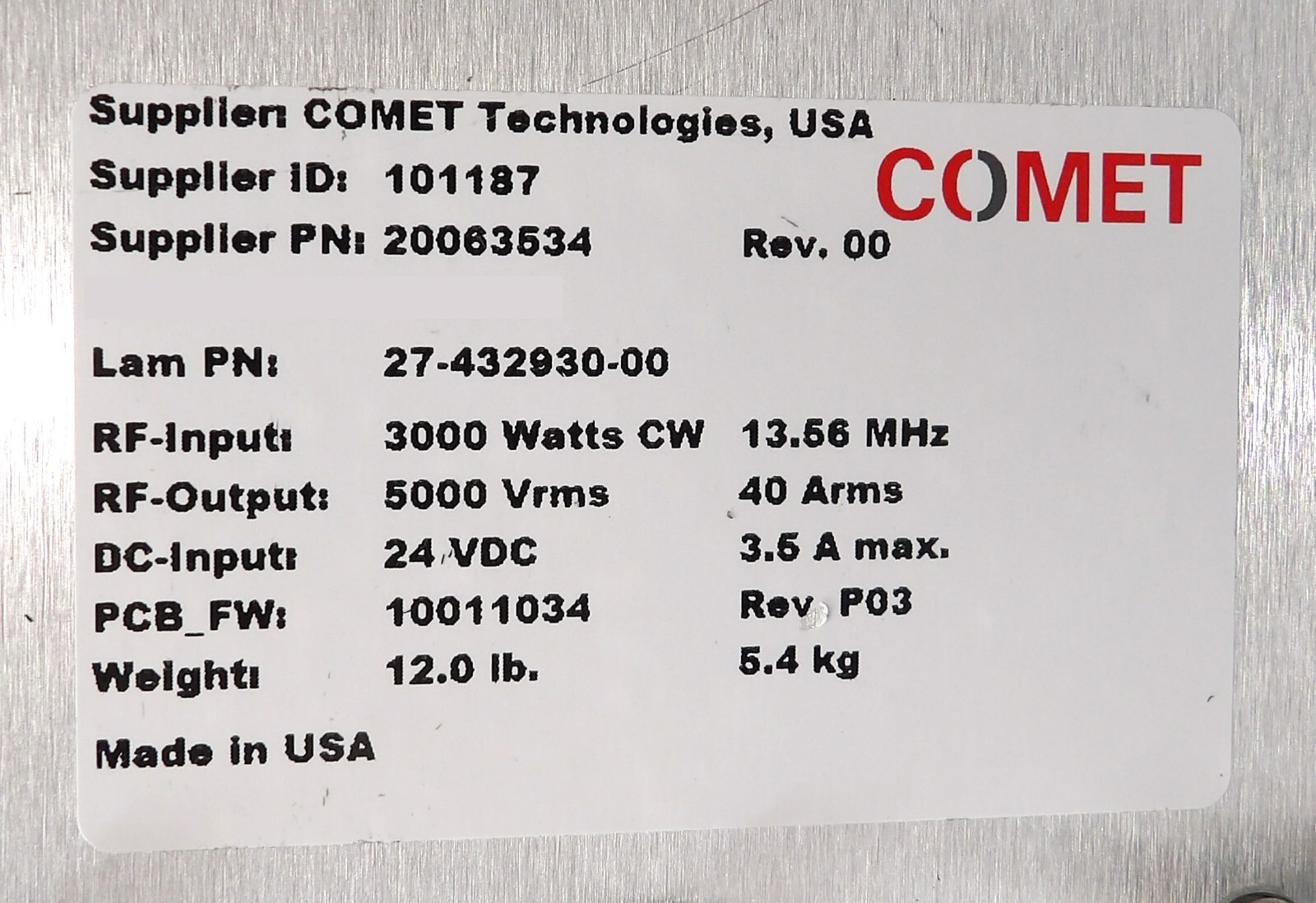 Comet Technologies 20063534 RF Match Lam Research 27-432930-00 Working Spare