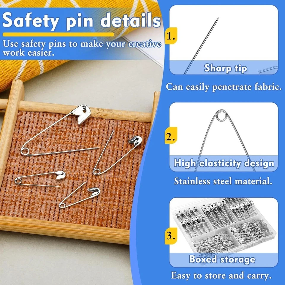 500 Ps 5 Sizes Safety Pins Assorted Size Rust-Resistant Nickel Plated Steel Asso