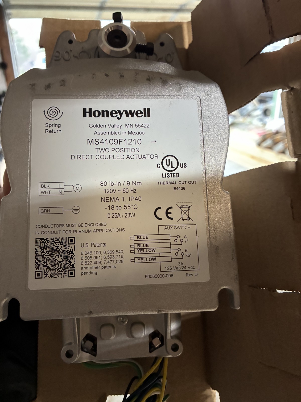 NEW Honeywell MS4109F1210 120V Spring Return Actuator 80 lb-in Fire/Smoke Damper