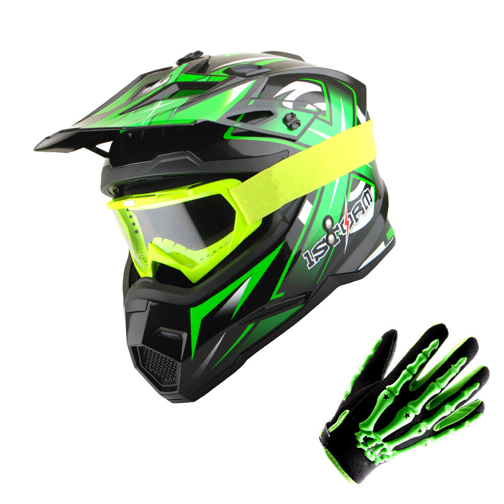 1Storm DOT Adult Motocross Helmet MX BMX Bike Racing Green+MX Gloves+MX Goggles