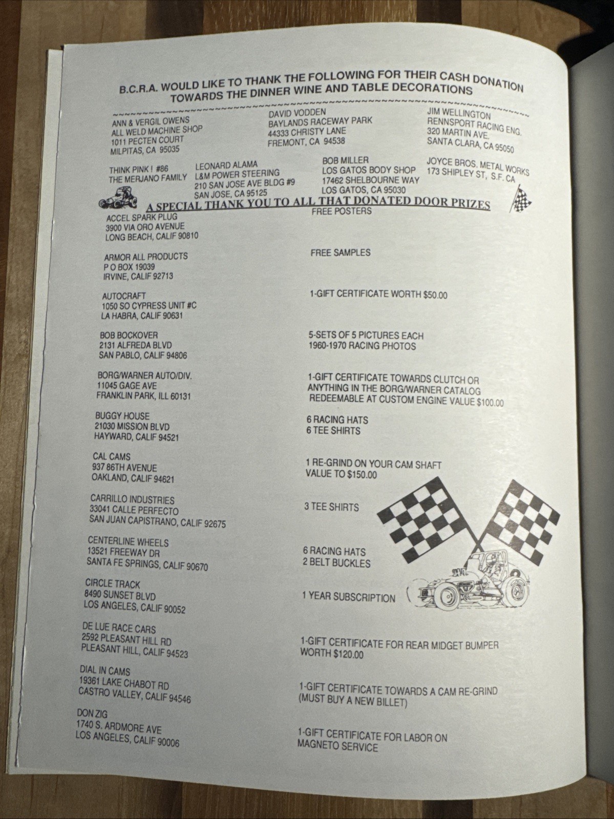 1987 BCRA Bay Cities Racing Association Awards Banquet Program