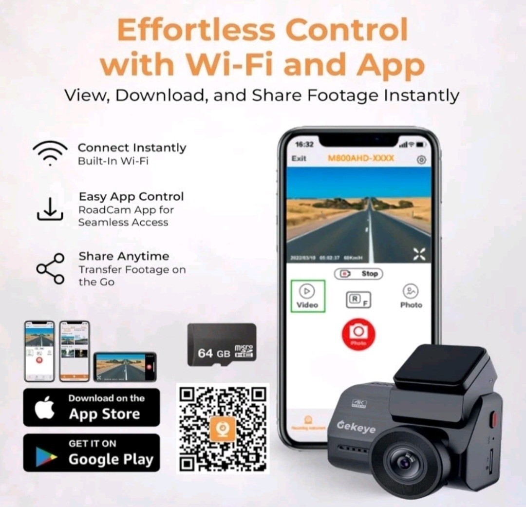 Gekeye 4K+1080P Dual Dash Cam w/ WiFi GPS Night Vision + 64GB SD | New Sealed