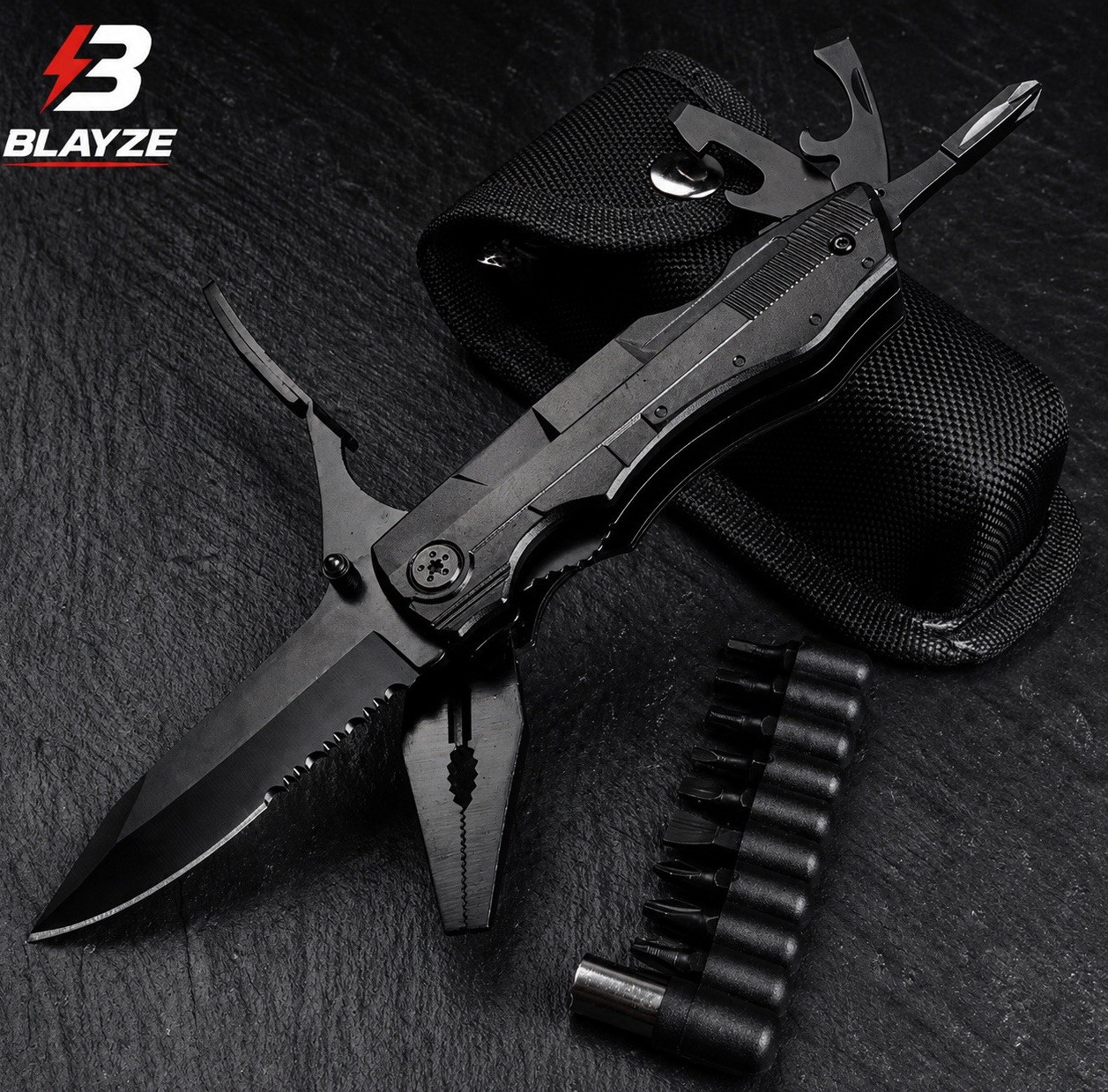 BLAYZE PL-91A Folding Multi-Tool Pliers Knife w/ Bits, Pouch, 2Cr13 Blade