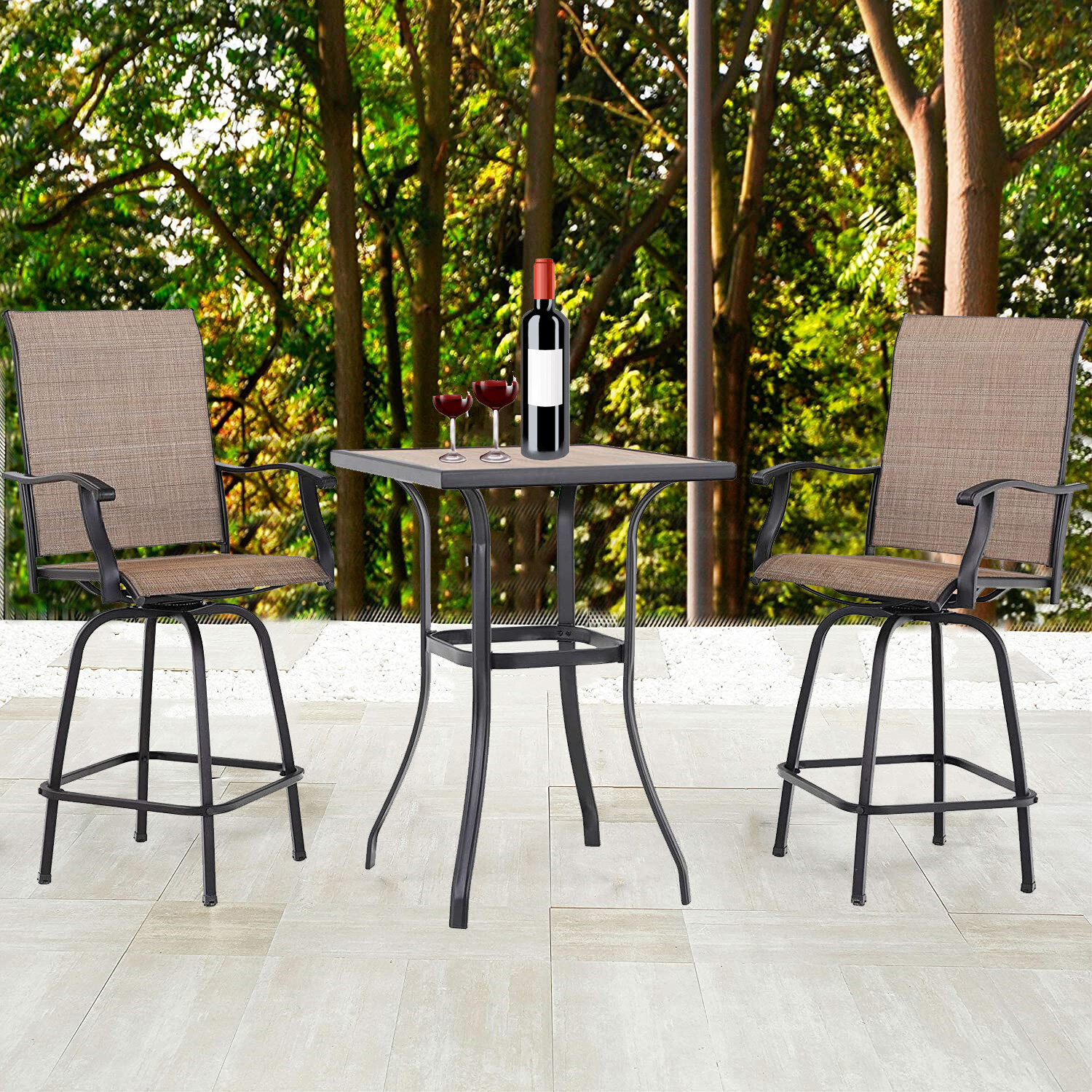 3 PCS Patio Swivel Bar Sets Textilene High Bistro Sets,2 Bar Stools &1 Bar Table