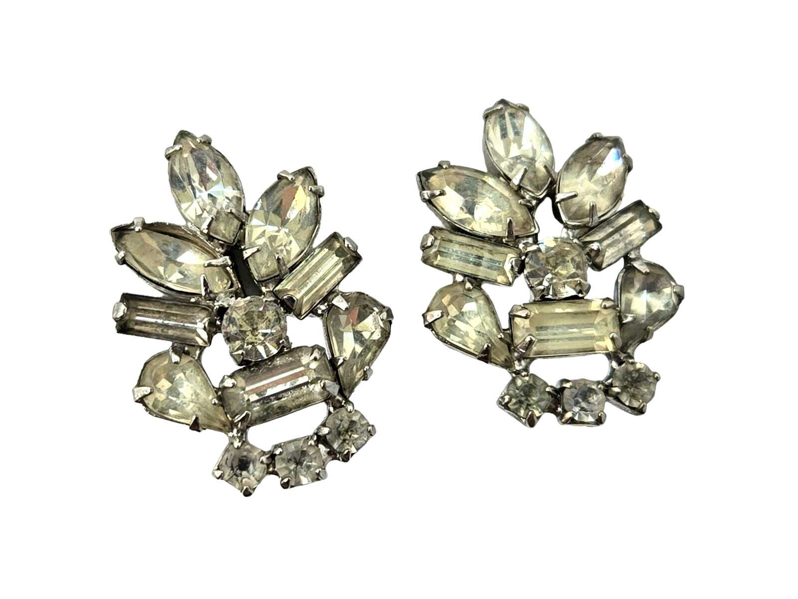 Vintage Rhodium Plated Rhinestone Cluster Screw Back Earrings