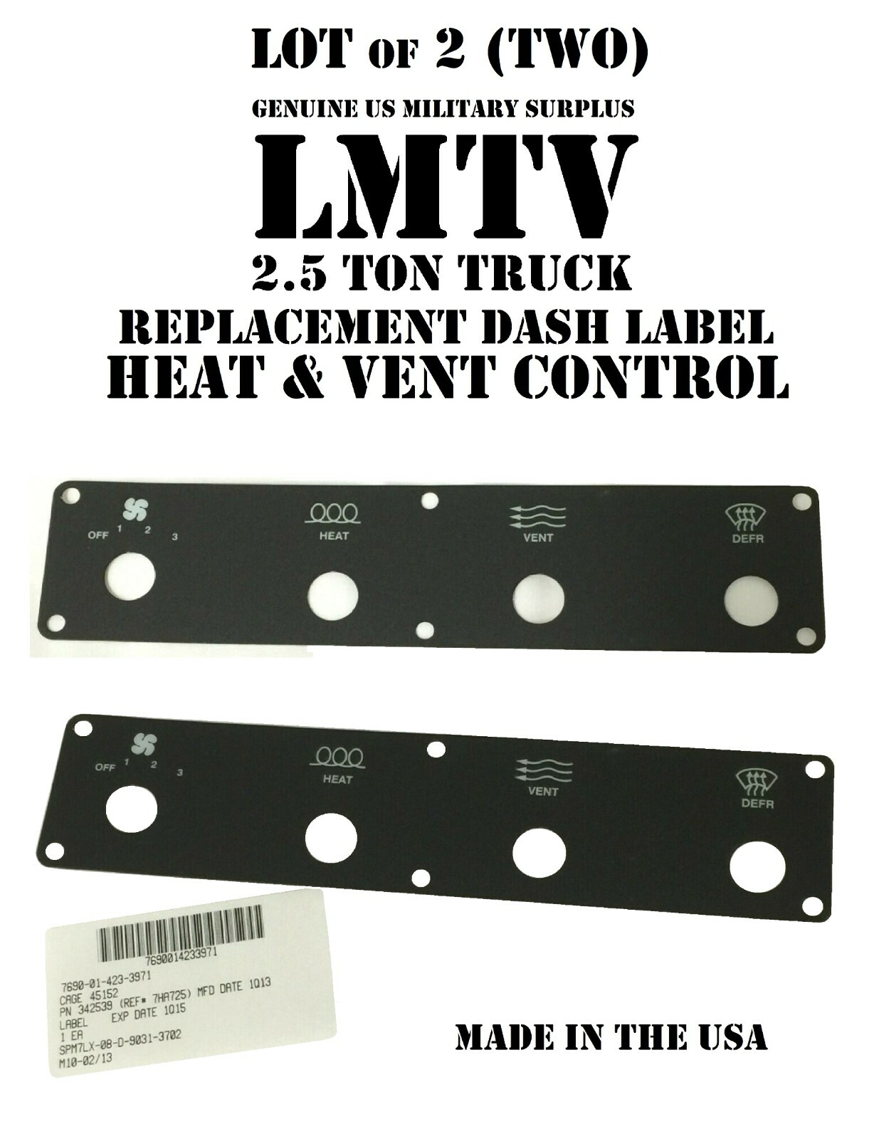 LOT of 2 LMTV DASH LABEL HEAT VENT CONTROL US MILITARY TACTICAL VEHICLE TRUCK